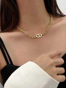 1PC Stainless Steel Chain Necklace, Minimalist & Practical, Versatile - Yellow Gold - View 1