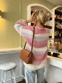Women's Striped Drop Shoulder Long Sleeve Loose Casual Knit Cardigan White - White - View 3