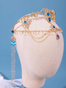 Boho Gold Blue Crystal Tassel Forehead Head Chain, Romantic Exotic Princess Headpiece For Wedding - Baby Blue - View 4