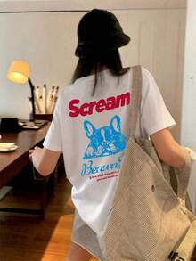 Topuri de vară pentru femei, tricou de vară din bumbac pur, cu imprimeu vintage american Scream French Bulldog, tricou din bumbac cu mânecă scurtă, croială lejeră, slăbire, versatil. - alb - Vizualizare 4