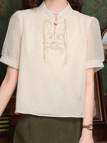 New Chinese-Style National Wind Embroidered Chiffon Shirt For Women, Spring And Summer Top, Elegant Women's Blouse - Apricot - View 7