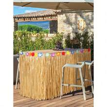 Luau Grass Table Skirt Grass Table Skirt Natural With Hibiscus Flowers Hawaiian Luau Tropical Party Decor Fringe Party Decoration For Costume Tropical Hawaii Birthday, Straw Yellow - Yellow - View 5