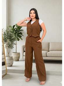 Women's Tailored Set: Vest And Wide-Leg Pants. Elegant, Casual, Chic, Modern, Conservative/Modest. Party/Fabric. Buttons Down The Front. Gathered Waist. Women's Formal Set. Office/Baby Shower/Formal And Evening. Holidays/Home/Summer, Spring And Autumn. - 鏽棕色 - 查看 6