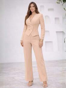Women's Tailored Set: Cropped Blouse, Vest, And Wide-Leg Pants - NEUTRAL BROWN - View 3