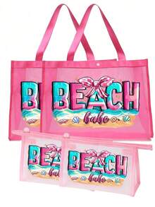 Large Capacity Mesh Bag Set, Beach Pattern Printed Mesh Bag, Mesh Beach Tote Bag, Mesh Cosmetic Storage Bag Summer - Pink - View 15
