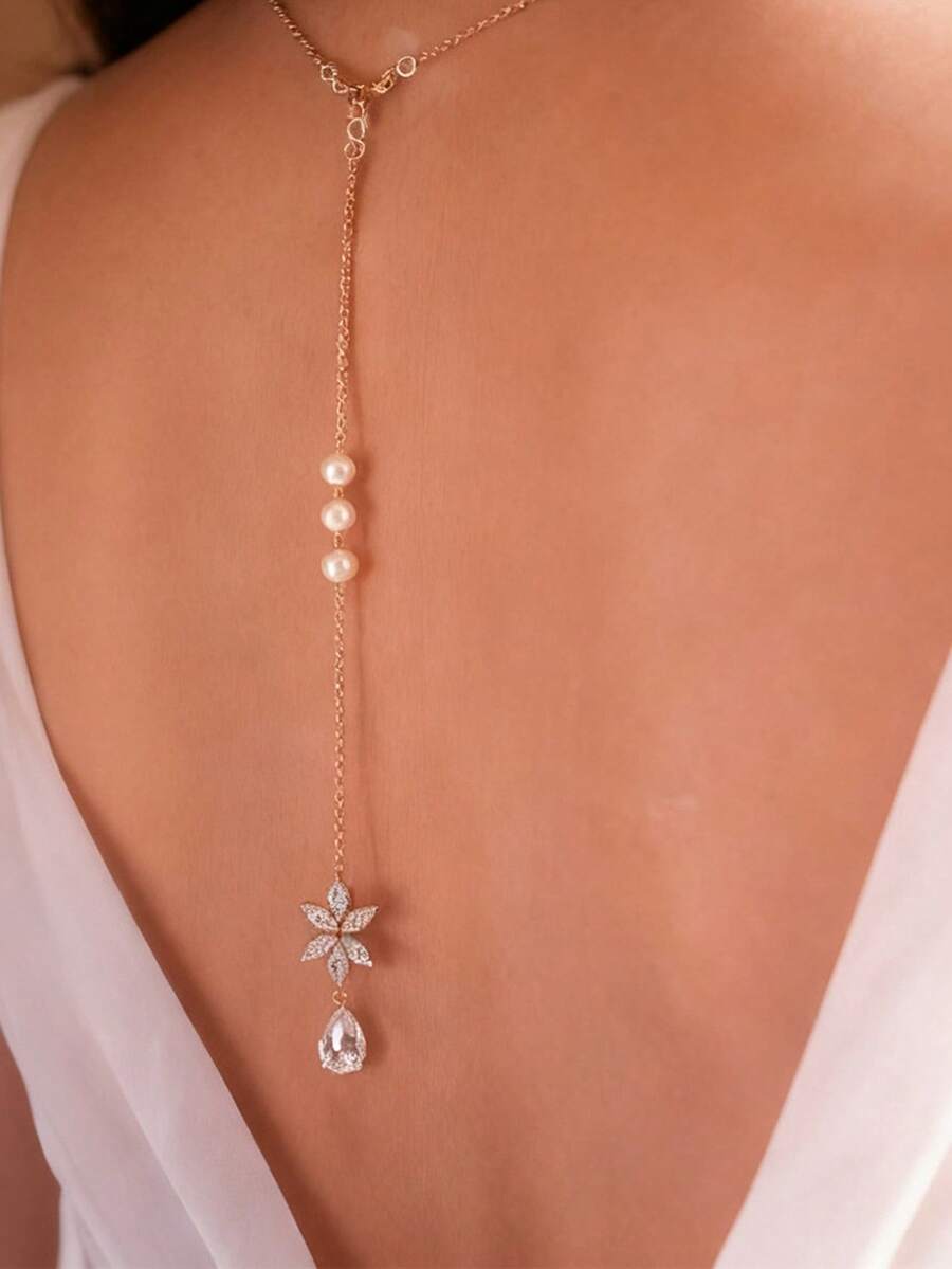 1pc Fashionable Sexy Gold Rhinestone Flower Backless Chain With Water Drop Pendant, Elegant Bridal Pearl Back Chain, Wedding Party Accessory - Gold - View 1