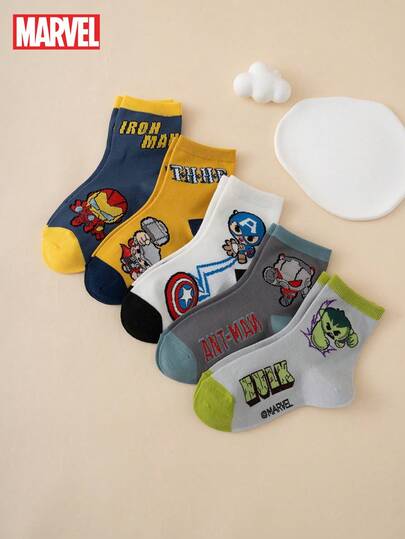 5 pares de calcetines de la serie Marvel - Thor, Hulk, Iron Man, calcetines de tripulación con gráficos de dibujos animados, cómodos, transpirables y duraderos, adecuados para todas las estaciones, tallas europeas y americanas, colores ricos, ideales para uso diario