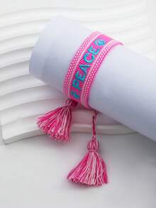 1pc Fashionable Embroidered Letter Handmade Woven Bracelet, Gift For Friends - Pink - View 3