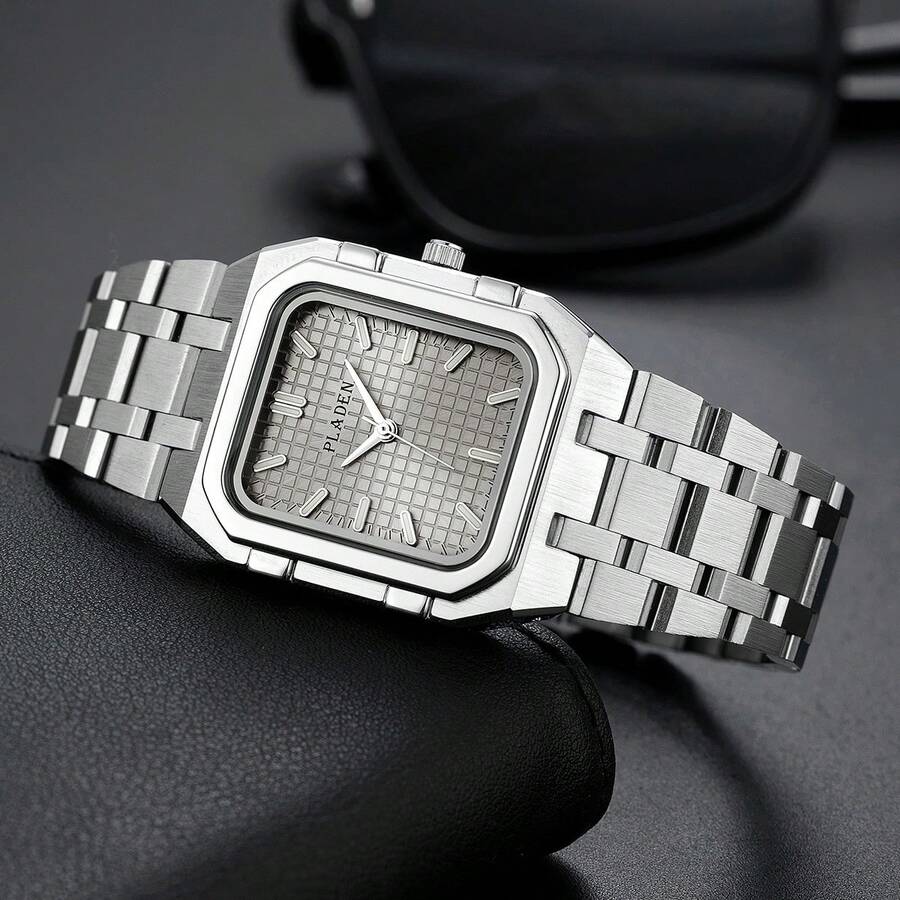 PLADEN Minimalist Luxury Stainless Steel Square Men's Watch, High-Quality Wristwatch - Grey - View 1