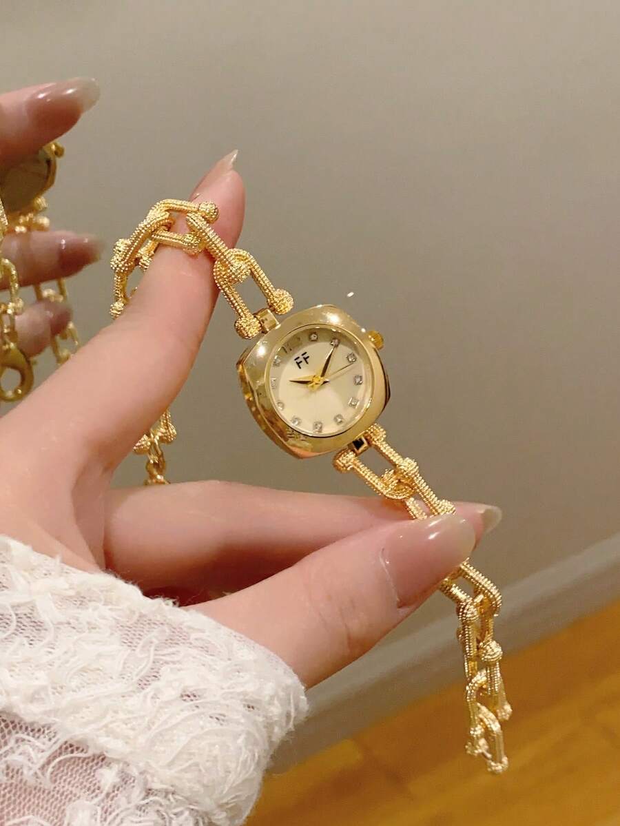 1件女士金色方形石英表,精致小巧时尚,适合日常佩戴、生日、毕业礼物、休闲场合 - 金色 - 查看 1