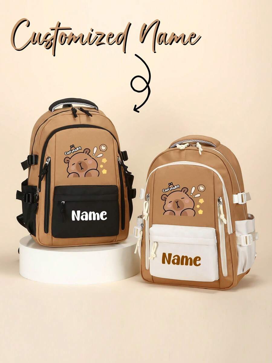 Personalized Large Capacity Capybara 2D Printed Backpack, Customizable Name Kids School Bag, Daily Travel Backpack, Birthday Souvenir Gift - Black - View 1