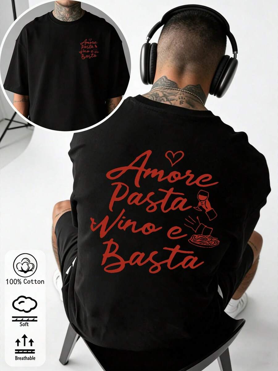 Áo thun ngắn tay cổ tròn unisex thời trang cho mùa hè, với thiết kế Amore Pasta Vino, kiểu dáng thoải mái phù hợp cho nhiều dịp, lý tưởng cho trang phục thường ngày, những buổi hẹn hò lãng mạn và làm quà tặng. - màu đen - Xem 1
