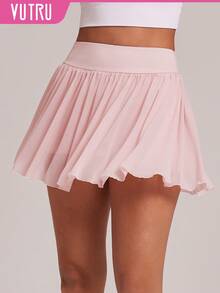 VUTRU 2-In-1 High Waist Sports Skirt With Mesh Overlay And Built-In Shorts, Suitable For Running, Tennis - Pink - View 3