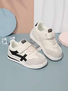 1 Pair New Kids Shoes, Beige Main Color With Contrast Stripe, Featuring Hook And Loop And Lace Dual Design For Easy On/Off, Retro Sporty Style Suitable For Weekend Outings, Campus Activities, Outdoor Sports - Black and White - View 2