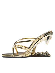 Womens Morso Sandals Wide Feet Shark Teeth Design High Heels Tiger Teeth Heeled Sandals For Women Open Round Toe Slip On Strappy Sandal Brida Wedding Dressy Party Slip On Casual Outdoor Street Style Spring Festival Summer Sandals Gold Heels - Vàng - Xem 8
