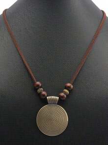 1pc Threaded Wooden Beaded & Geometric Shape Alloy Pendant Necklace For Women, Vintage Sweater Chain - Bronze - View 8