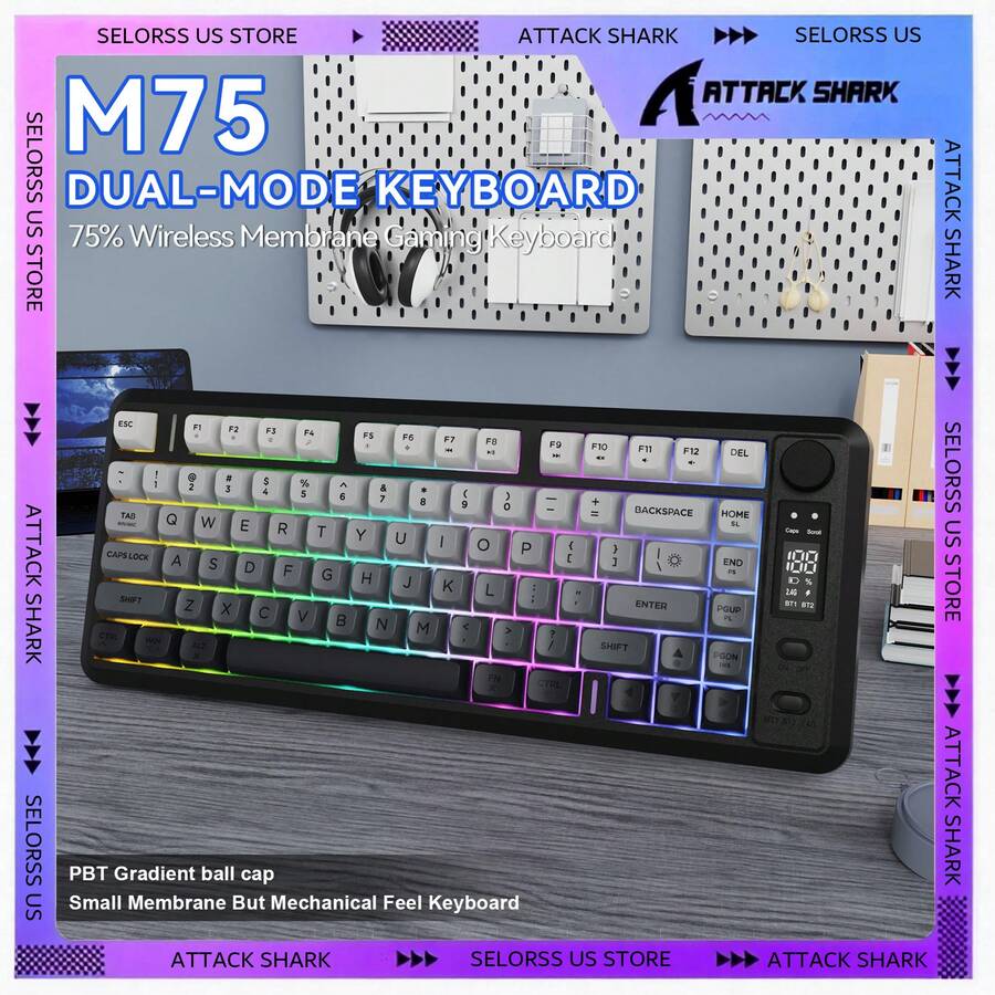 M75 Wireless Gaming Keyboard, RGB Backlit Rechargeable 2000mAh Battery, Small Membrane But Mechanical Feel Keyboard With Smart Display & Knob, PBT Gradient Keycaps For PC Gamer-BlackBerry/ Grape Purple/ Moonlit Night - Nhiều màu - Xem 1