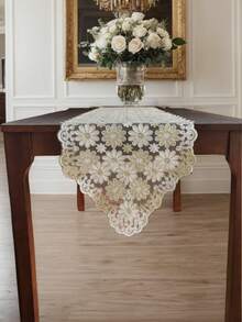 1 pieza Tela de malla con bordado floral de encaje 3D delicado y encaje de punto fino, adecuado para decoración del hogar, cubierta de gabinete, camino de mesa de cocina, individual, decoración de fiestas/bodas, picnic y al aire libre - Blanco - Ver 12