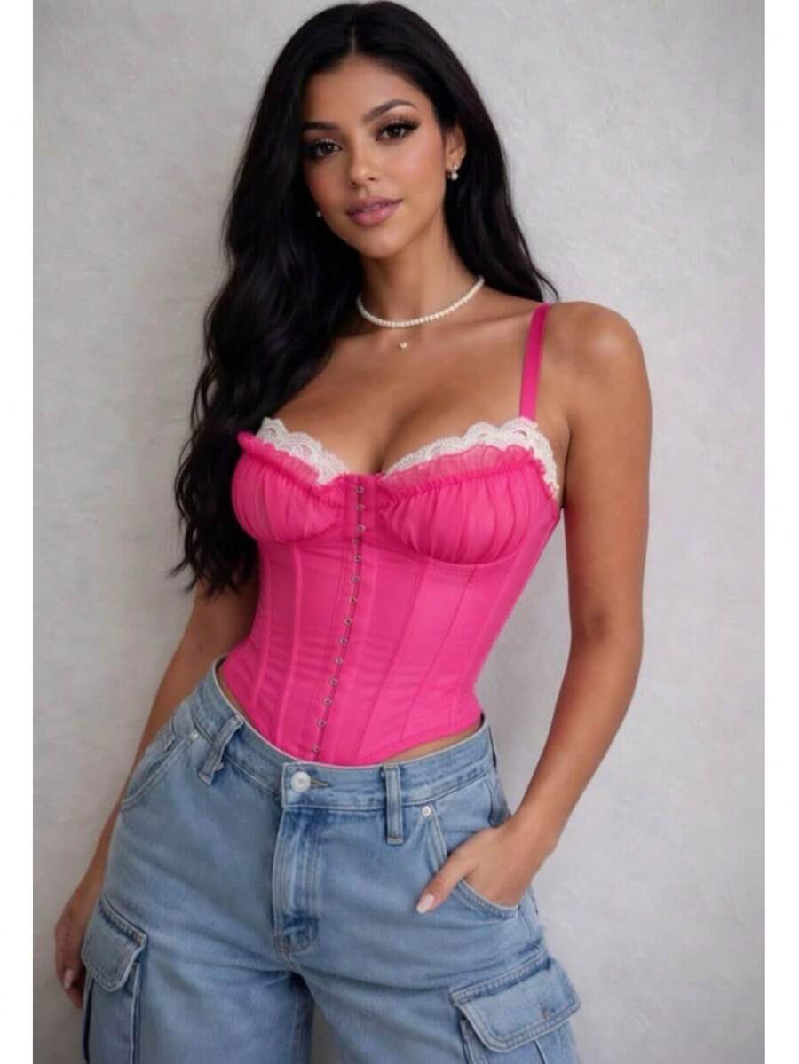 Women's Sexy Structured Lace Cropped Corset With Adjustable Straps And Reinforced Boning, Elegant Shaping Top, Fashion Party Night Outfit, Women's Tank Top - 玫紅色 - 查看 1