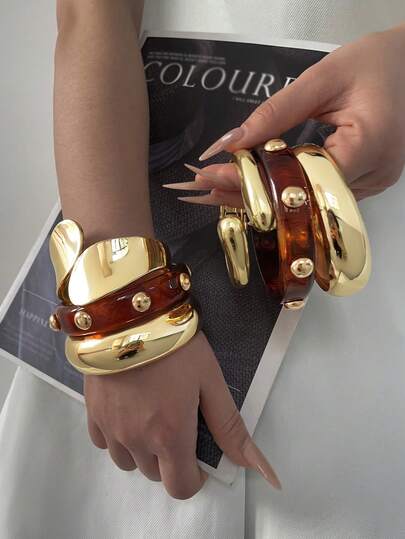 3件套独特手镯套装，金色宽手镯，奢华优雅风格女士手镯