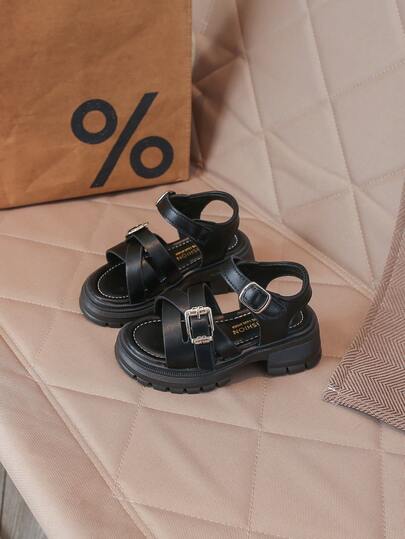 1 Pair Girls' Sandals, New Summer Versatile Hook And Loop Thick Heel Simple Fashion Open Toe Children Shoes
