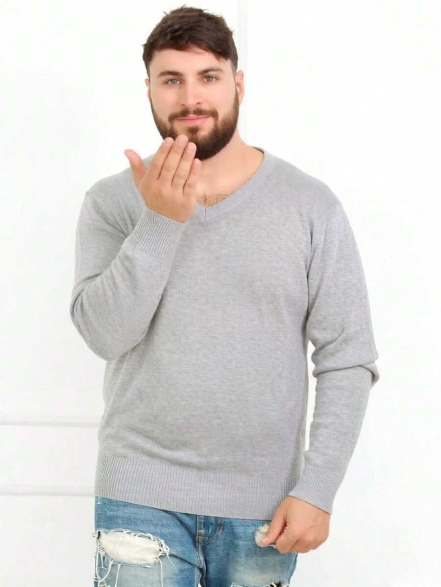 Plus Size Men's Winter Sweater/Blouse With V-Neck, Sizes G2-G5 - Light Grey - View 1