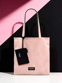 Prada 粉色帆布手提袋，带可拆卸黑色小袋，化妆包，涂层帆布化妆品收纳套装，旅行化妆包两件套 - 黑粉 - 查看 2