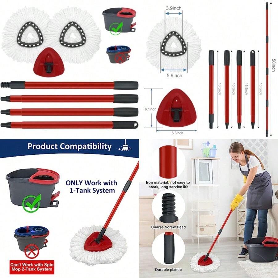 Mop Replace Heads Mop Handle And Mop Base Replacement For O Cedar EasyWring 1-Tank Spin Mop System 2 Microfiber Mop Head Refills 4-Section Iron Mop Handle 30-58in And 1 Mop Head Cover Set No Bucket - 1組拖把桿,2個白色拖把頭,1個底座 - 查看 1