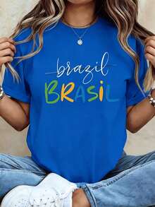 White Brasil Colorful Letter Print T-Shirt, Women Crew Neck Short Sleeve Casual Tee, Brazil National Flag Color Graphic Summer Vacation Loose Fit Top - 藍色 - 查看 12