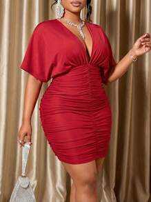 Voworia Curve-Enhancing Red Deep V-Neck Short Sleeve Ruched Bodycon Mini Dress Plus Size Elegant Summer - Red - View 1
