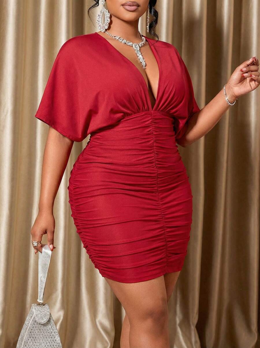 Voworia Curve-Enhancing Red Deep V-Neck Short Sleeve Ruched Bodycon Mini Dress Plus Size Elegant Summer - Red - View 1