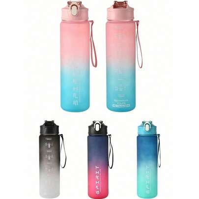 1pc 800ml Sports Water Bottle With Leak-Proof Flip Cap, Reusable Plastic, Suitable For Gym And Outdoor Use, Toxic-Free, With Drinking Time Markings And Straw, With Strap, Suitable For Office