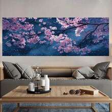 Arte de pared plano 2D, Arte de pared plano 2D, Arte de pared plano 2D contemporáneo de flor de cerezo en diseño plano 2D - Obra de arte rosa y púrpura en lienzo azul oscuro con marco de madera, Imagen horizontal estilo caligráfico para sala de estar, dormitorio u oficina - Regalo perfecto (Sin marco blanco) - Enmarcado - Ver 4