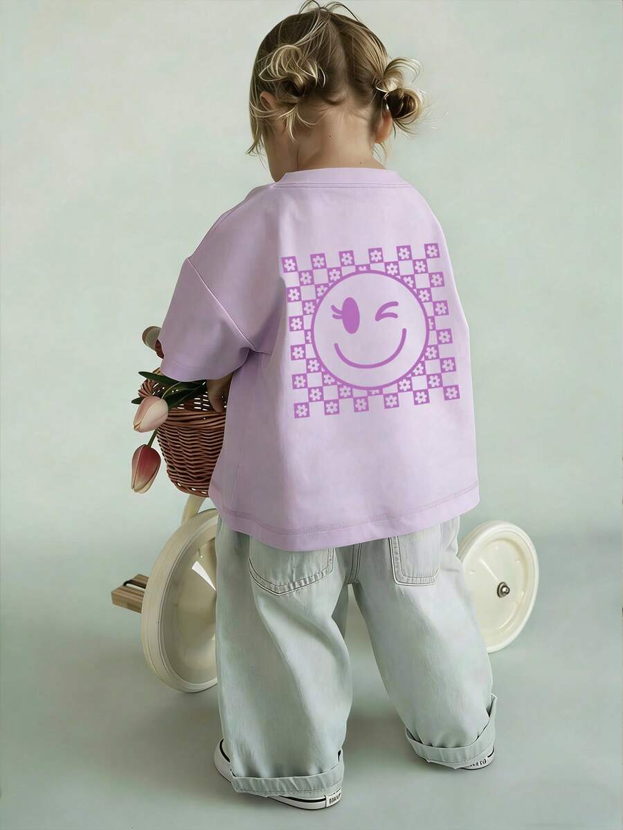 Baby Girl Doodle Plaid Smiling Face Print Round Neck Short Sleeve Cute Girl Purple Top - Purple - View 1
