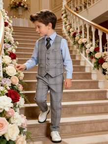 Young Boy Plaid Single-Breasted Tie Decor Vest Top And Pants Formal Suit, Suitable For Host - Light Grey - View 1