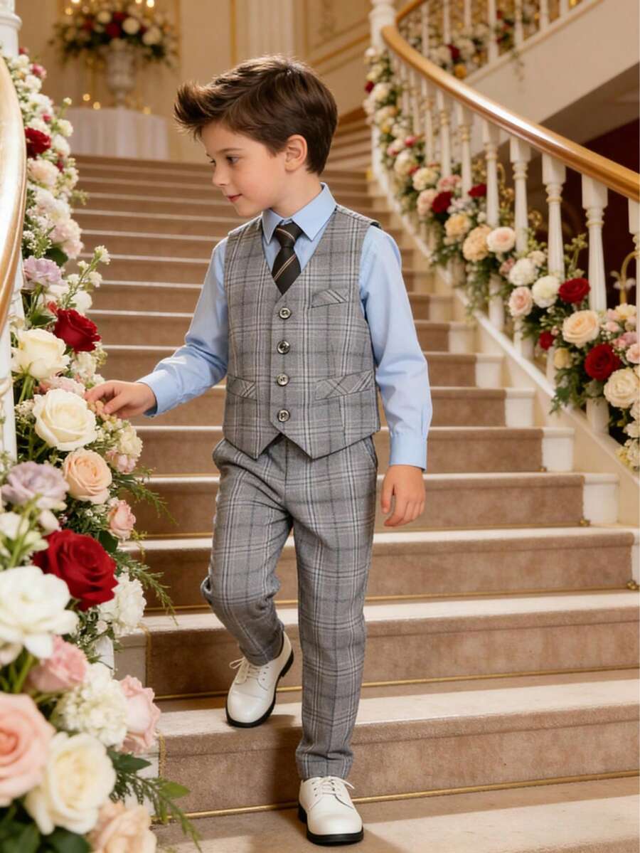 Young Boy Plaid Single-Breasted Tie Decor Vest Top And Pants Formal Suit, Suitable For Host - Light Grey - View 1