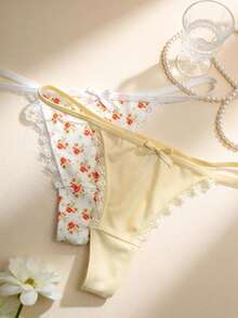 Aesletic 6pcs Comfortable Solid Color/Floral Print Women's Low-Rise Thong Panties - Multicolor - View 6