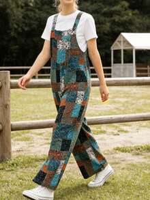 Bohemian Women's Loose Floral Bib Overall Jumpsuit With Pockets Patchwork Wide Leg Adjustable Strap Beach Vacation Outfits Summer - 綠褐色 - 查看 3