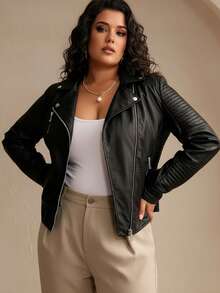 Áo khoác da giả dáng ngắn phong cách đường phố dành cho nữ cỡ lớn Giolshon - Áo khoác PU ngắn có lớp lót và túi, trang phục thường ngày thanh lịch, màu đen sang trọng. - màu đen - Xem 5