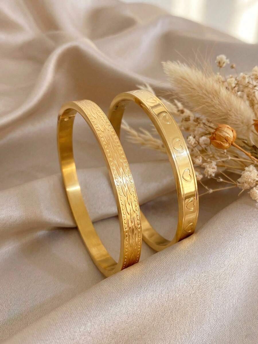 18K Gold Plated Stainless Steel Hollow Heartbeat Pattern Bangle Bracelet, Women's Bracelet, Stainless Steel Jewelry, Heart-Shaped Bracelet, Suitable For Daily Wear, Dates, Graduation Parties, Holidays, Mother's Day Gifts, Valentine's Day Gifts, Summer Jewelry, Beach Jewelry, Bohemian Style Jewelry - Multicolor - View 1