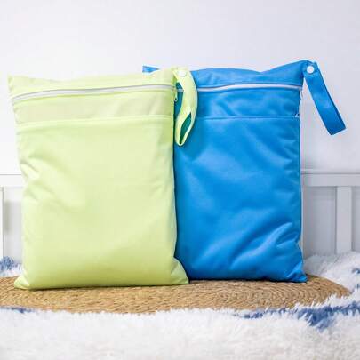 2pcs/1pc Baby Cloth Diaper Wet Dry Bag With 2 Zipper Pockets, Suitable For Travel, Beach, Pool, Gym, Can Hold Swimwear Or Wet Clothes