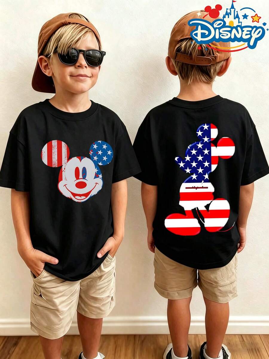 Official Authorization Disney Mickey Mouse USA Flag Print Kids T-Shirt, Boys Girls Cute Patriotic Graphic Short Sleeve Tee, Summer Casual Tops For 4th Of July Daily Wear, Children's Clothing Holiday Gift - Black - View 1