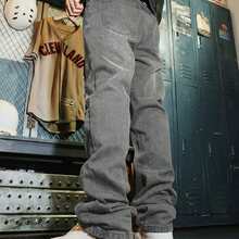 Celana Jeans Kasual Longgar Lurus Lebar, Celana Denim Washed Bordir Gaya Jalanan - Grey - View 4