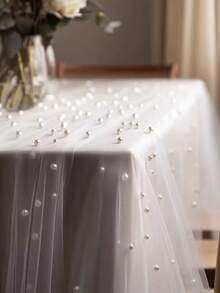 1 pieza Decoración de fondo de gasa blanca perla, Prop de fotografía, Decoración de escena de boda y cumpleaños, Gasa transparente, Decoración de mesa de postres, Mantel de tul para mesa, Mantel de boda al aire libre de gasa perlada - Hilo de perlas - Ver 2