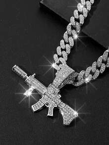 Men's Personalized Street Style Gun Pendant Necklace, Fully Iced Cuban Chain, Shiny Jewelry For Nightclub Hip-Hop, Unique Gift For Him - Gun Pendant Necklace - View 7