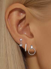 3 Pcs Zirconia Star Dangle Earrings Set For Women Gold Plated Cubic Zirconia Stud Hoop Earrings Stack Wedding Jewelry Accessories - 3 Pcs/Set - View 2