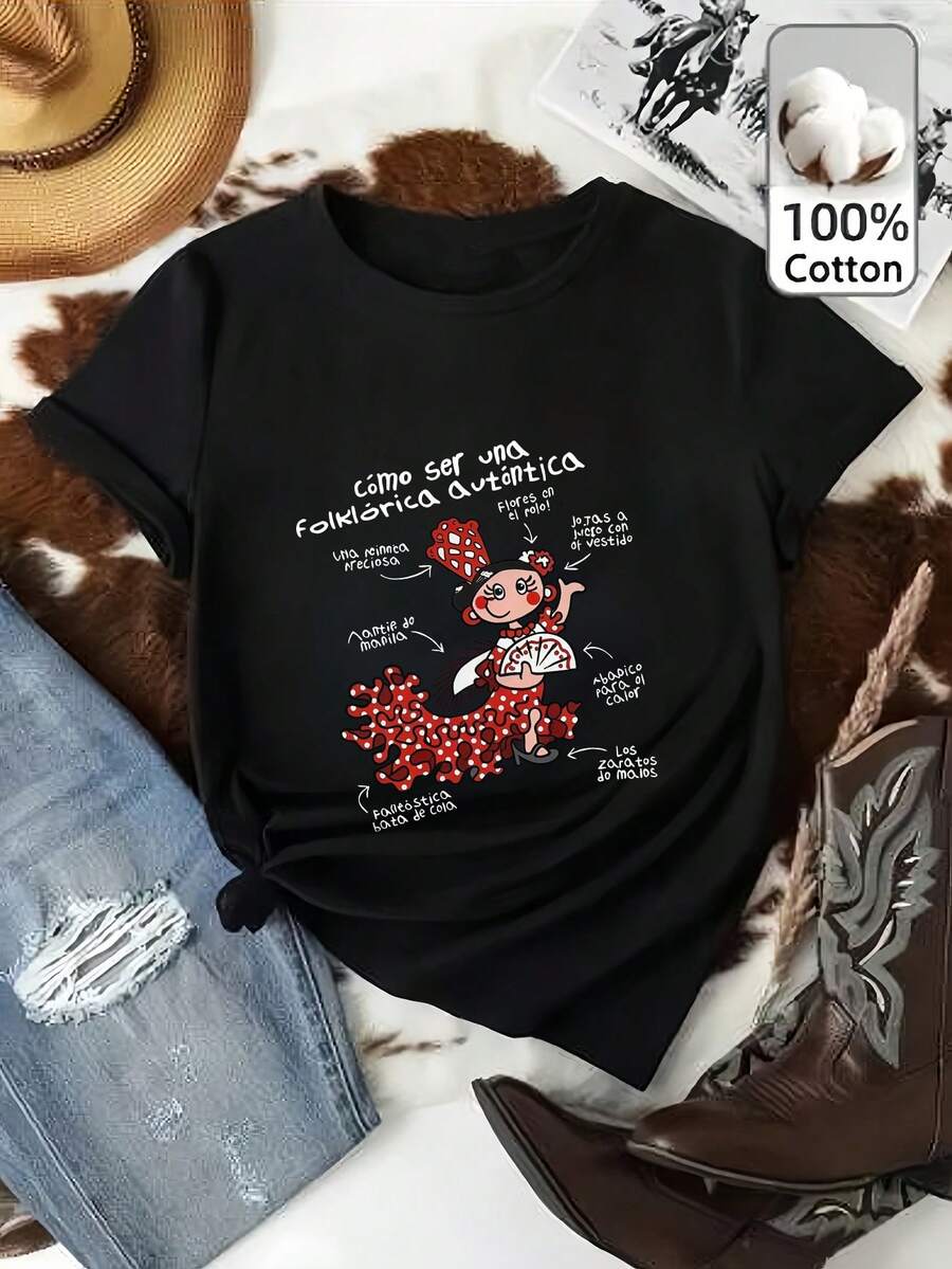 柔軟棉質休閒西班牙語金句佛朗明哥女士波點印花圓領短袖T恤,透氣Y2K夏季日常街頭風基礎上衣 - 黑色4 - 查看 1
