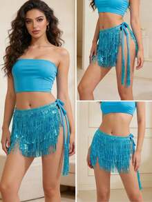 Bộ trang phục múa bụng đính sequin tua rua điều chỉnh eo, bao gồm váy sequin và khăn quấn hông. Thích hợp cho các lễ hội, tiệc tùng, câu lạc bộ đêm, bãi biển, trang phục độc đáo, phong cách Bohemian, phong cách cổ điển, lấy cảm hứng từ sari. - Nhiều màu - Xem 3