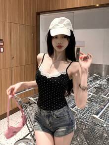 Áo hai dây ren chấm bi ngọt ngào và gợi cảm dành cho nữ mùa hè, kiểu dáng thường ngày/dự tiệc. - màu đen - Xem 3