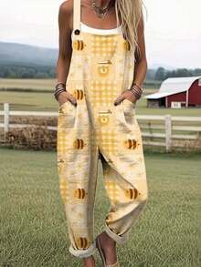 Plaid Collage Bee Print Women's Adjustable Strap Overalls, Polyester Fabric, Lightweight & Breathable, Women's Clothing, Regular Women's Clothing, Women's Jumpsuits & Rompers, Women's Jumpsuit, Women's Plus Size Jumpsuit - 彩色 - 查看 1
